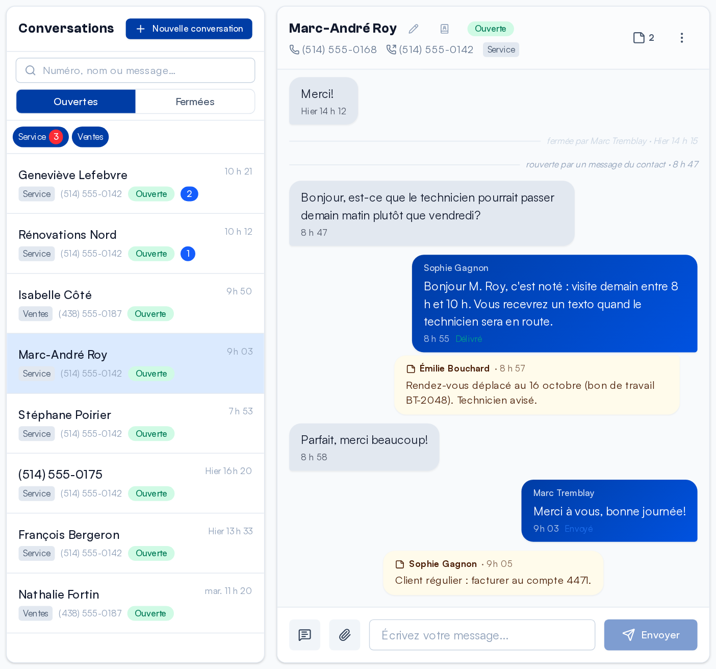 The team's conversation list and a thread with an agent's reply and internal notes.