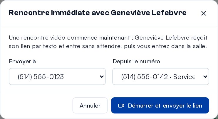 Instant meeting with a customer: her number, the sending number, "Start and send the link".