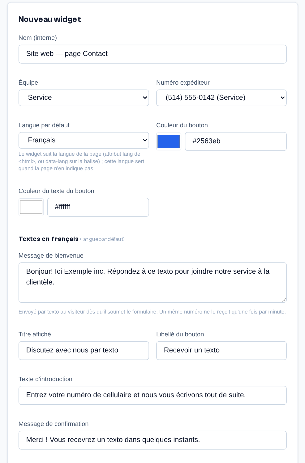 Settings of a text button: name, team, sending number, language, colours and welcome message.