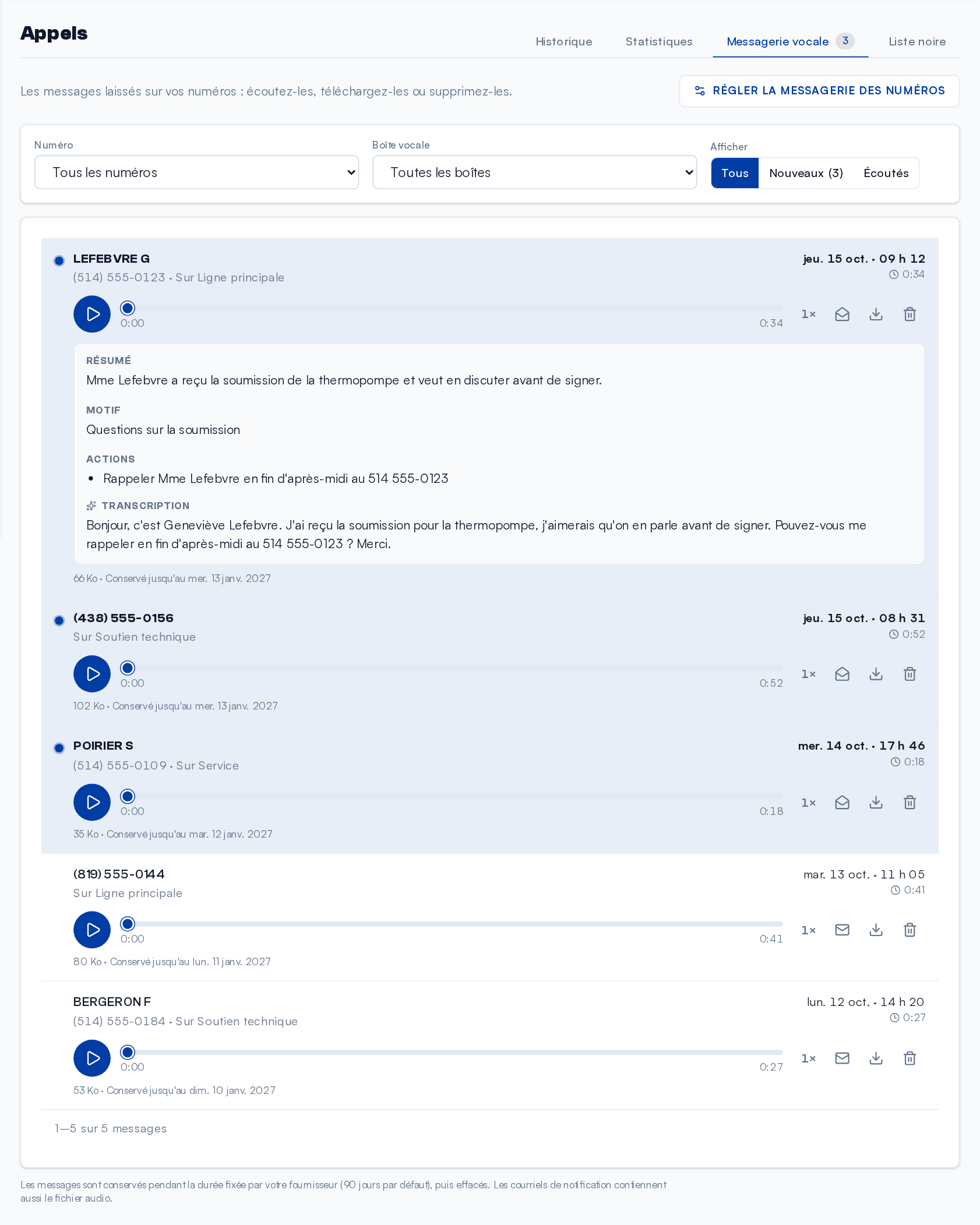 Voicemail: each message with its transcript, and for the first one, the summary, the reason and the action to take.