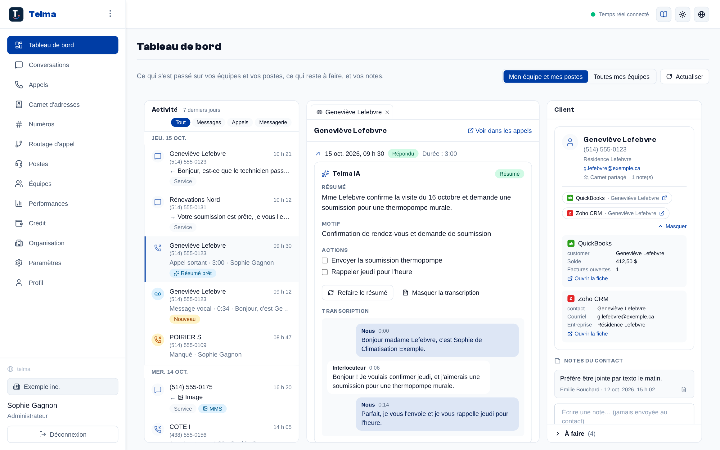 The agent's workspace: activity, the call in a tab, the customer's record.