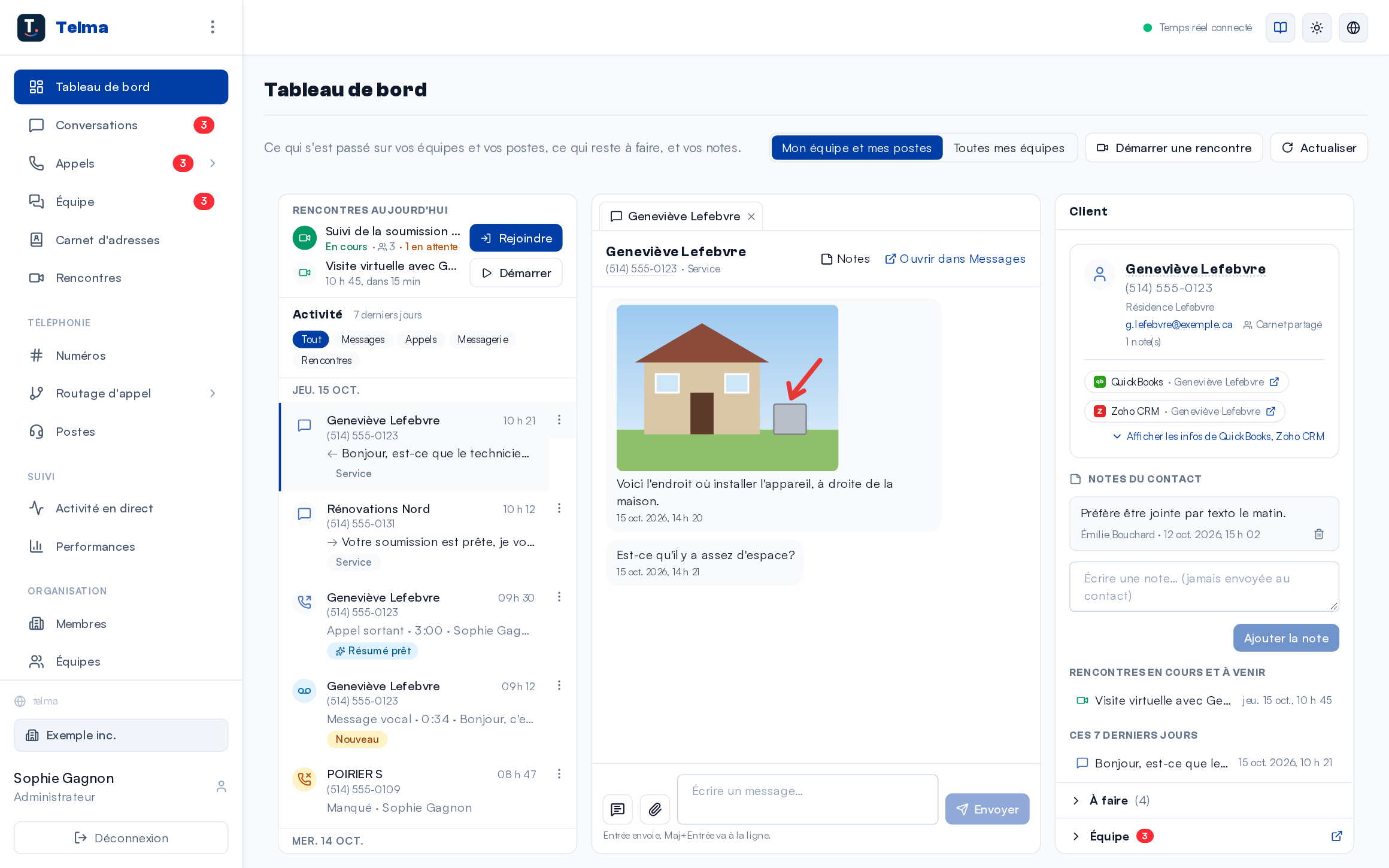 The dashboard: today's meetings at the top, one in progress with a person in the waiting room, the next in 15 minutes.