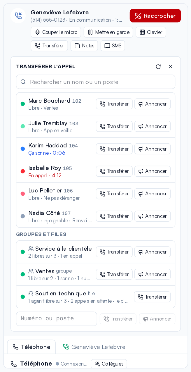 Transferring a call: colleagues with their status, then groups and queues with the number of free agents.
